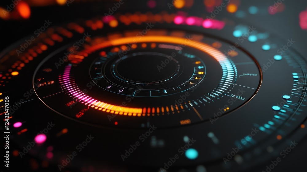 Concentric donut charts in metallic colors on a dark surface, each layer showing different banking and financial metrics Concentric donut charts in metallic colors on a dark surface, each layer showing different banking and financial metrics