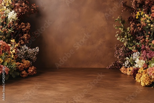 Dried and Fresh Flower Arrangement with Brown Background photo