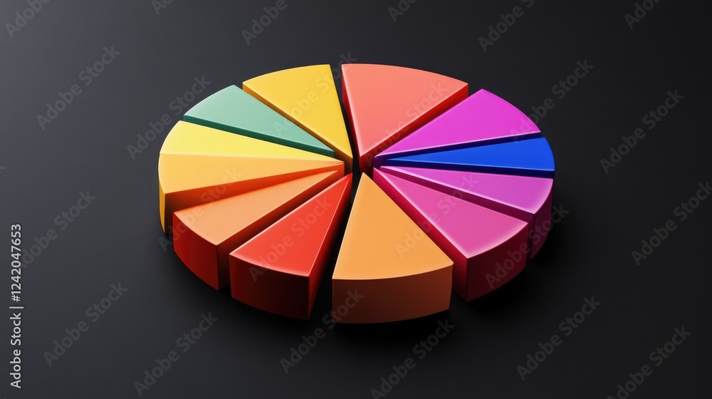 Obraz premium Gradient-colored D pie chart segments arranged on a sleek black background, each slice casting subtle shadows for a clean, modern look
