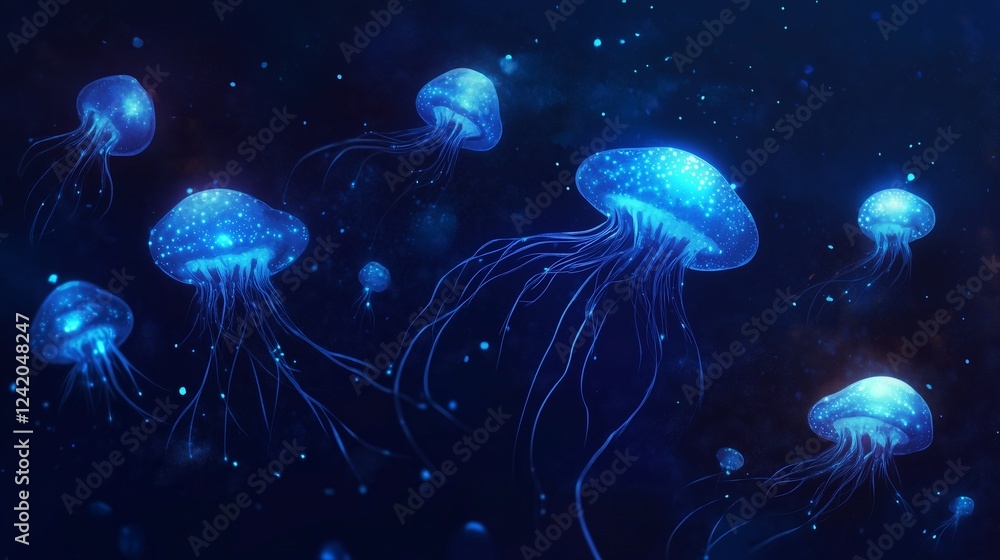 Obraz premium Deep-sea exploration with glowing bioluminescent creatures