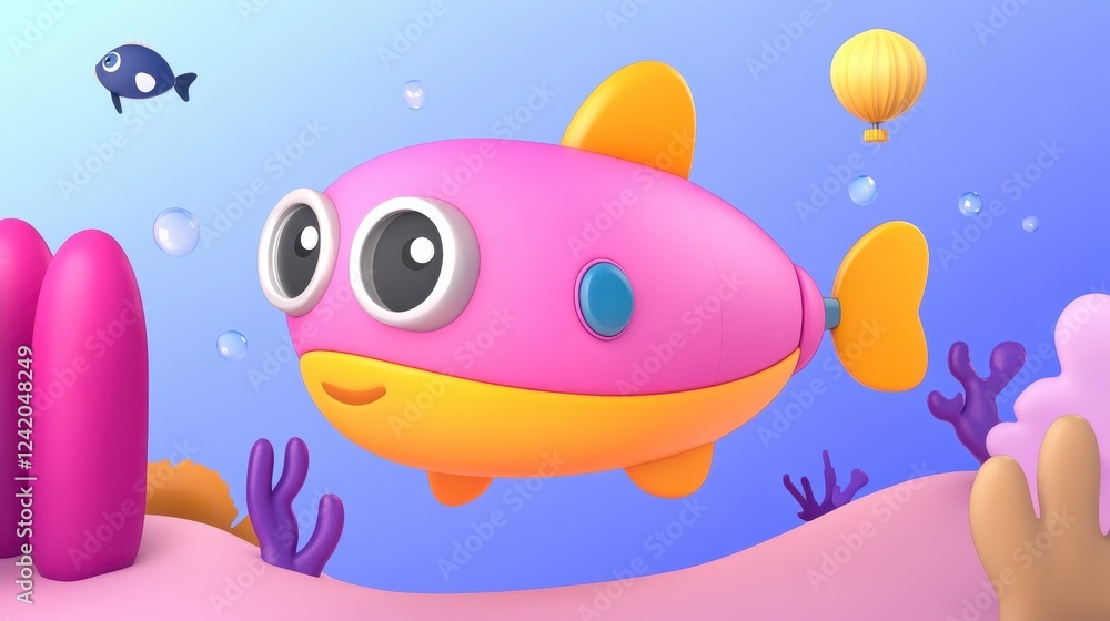 Obraz premium Colorful cartoon submarine with cheerful expression undersea adventure
