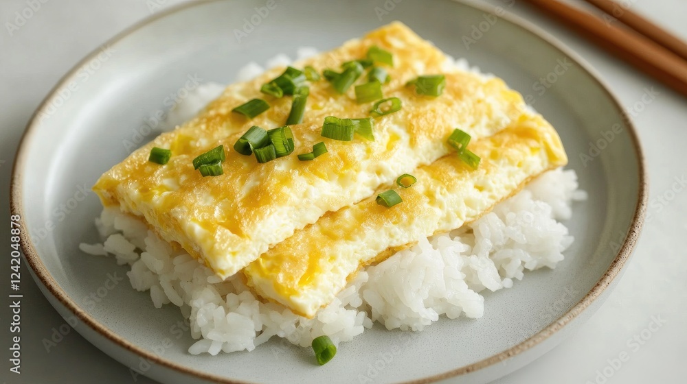 Steaming white rice topped with a thick, silky egg omelet, lightly garnished with chopped green onions and served on a minimalist plate Steaming white rice topped with a thick, silky egg omelet, lightly garnished with chopped green onions and served on a minimalist plate