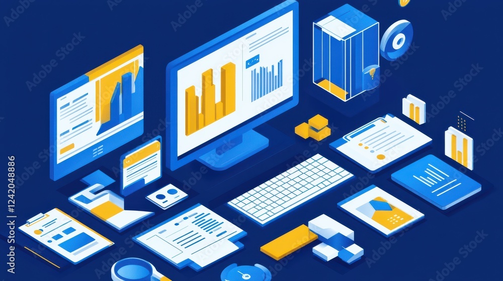 Modern Workspace with Charts and Data Visualization Elements Modern Workspace with Charts and Data Visualization Elements