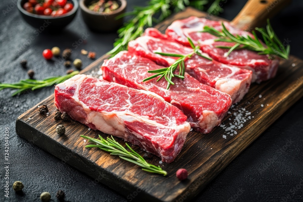 Quality meat cuts prepared with care on a rustic wooden board alongside fresh ingredients in a well-lit kitchen Quality meat cuts prepared with care on a rustic wooden board alongside fresh ingredients in a well-lit kitchen
