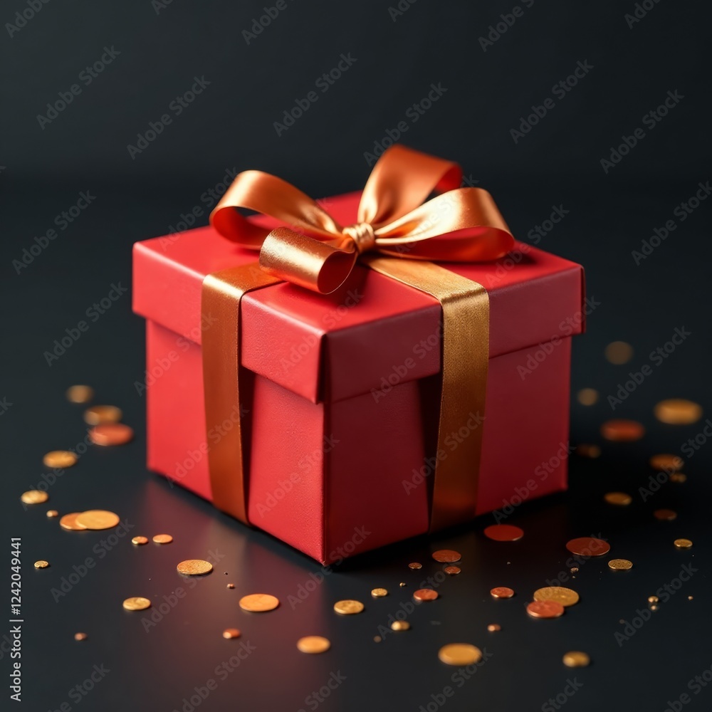 Obraz premium Luxury gift box with golden confetti on black background, present, gold decorations, luxury gift