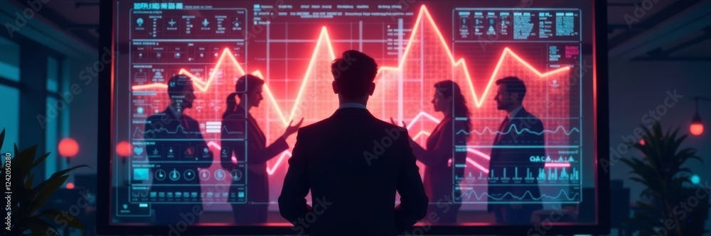 Manager standing behind a large screen with silhouettes of coworkers projected onto it while analyzing data, conference room, silhouettes, team management