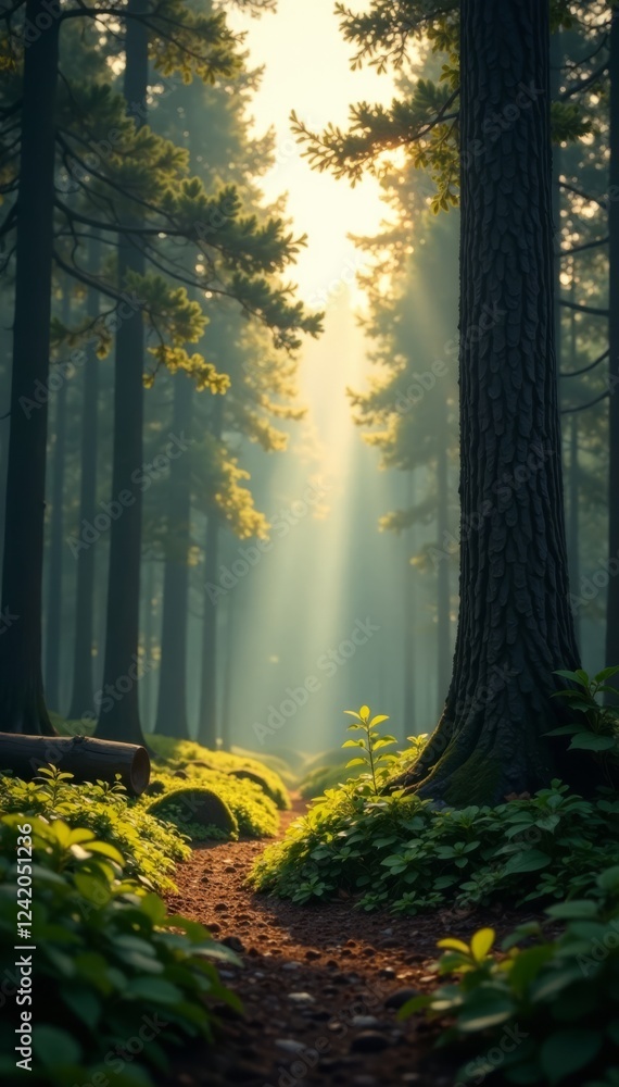 Obraz premium Minimalist forest landscape with blurred trees and foliage, abstract, mystical, nature