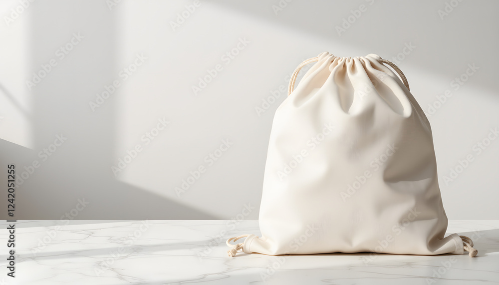 Cream Drawstring Bag Mockup on marble table Cream Drawstring Bag Mockup on marble table