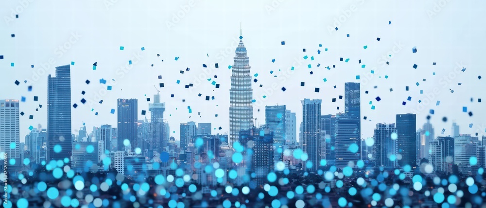 A city skyline with a prominent tower, surrounded by a mist of blue dots, creating a dreamy and vibrant atmosphere. A city skyline with a prominent tower, surrounded by a mist of blue dots, creating a dreamy and vibrant atmosphere.