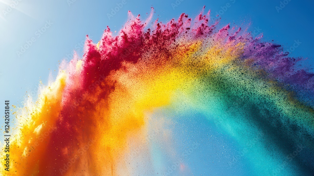 Fototapeta premium Colorful Powder Thrown Into the Air Creating a Rainbow-Colored Arc Against a Sunny Sky