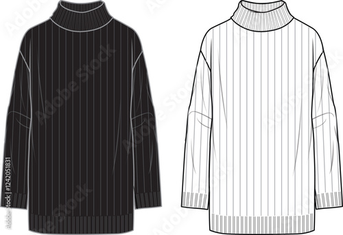 Women's Roll Neck Rib Tunic. Technical fashion illustration. Front, white and black colour. Women's CAD mock-up.
