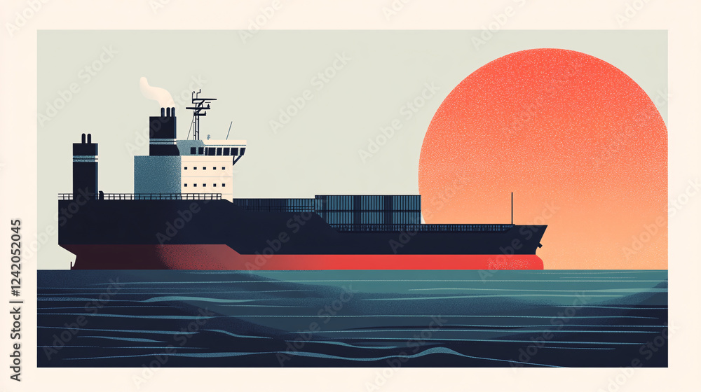 Obraz premium A large cargo ship sails across calm waters at sunset in a minimalist digital illustration 