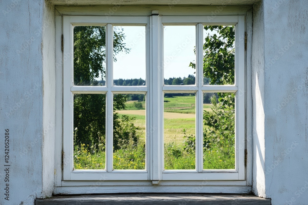 Fototapeta premium Casement window installation highlighting crank mechanism and sealing techniques in a classic architecture setting