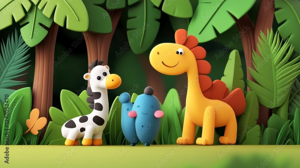 Naklejka premium Colorful Cartoon Jungle Scene with Cute Animal Characters