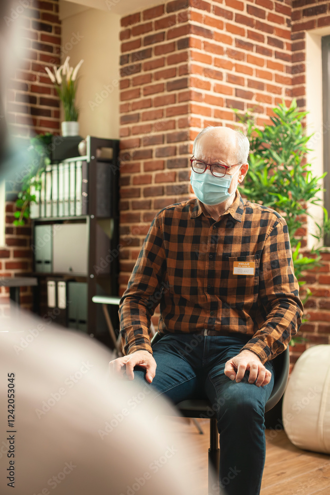Fototapeta premium Portrait of senior man seated in brick wall office, attending mental health recovery program. Caucasian pensioner patient with face mask, speaking about his problems during group therapy session.