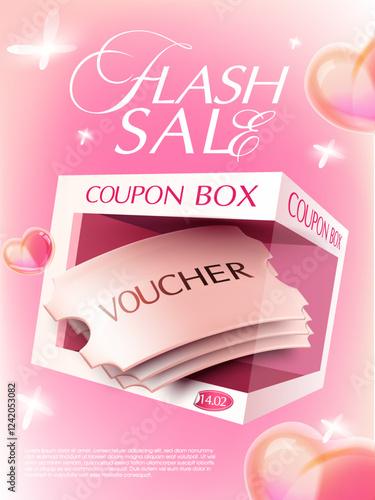 3d valentine coupons inside a gift box with flying heart icons around, isolated on pink background. Gift voucher cashback popup banner template. 3d gift box coupon vector. Vector illustration