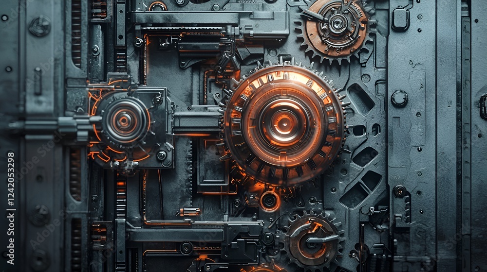 Glowing gears, intricate mechanism, metallic texture, industrial background, tech design Glowing gears, intricate mechanism, metallic texture, industrial background, tech design