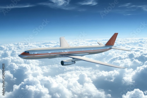  Modern airplane soaring above fluffy clouds in bright blue sky, symbolizing travel and adventure potential.