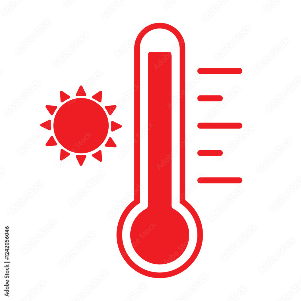 Thermometer reaching high temperatures. Temperature scale symbol, warm weather sign. Red thermometer with scale and sun icon flat style isolated on a white background vector illustration EPS 10. Thermometer reaching high temperatures. Temperature scale symbol, warm weather sign. Red thermometer with scale and sun icon flat style isolated on a white background vector illustration EPS 10.