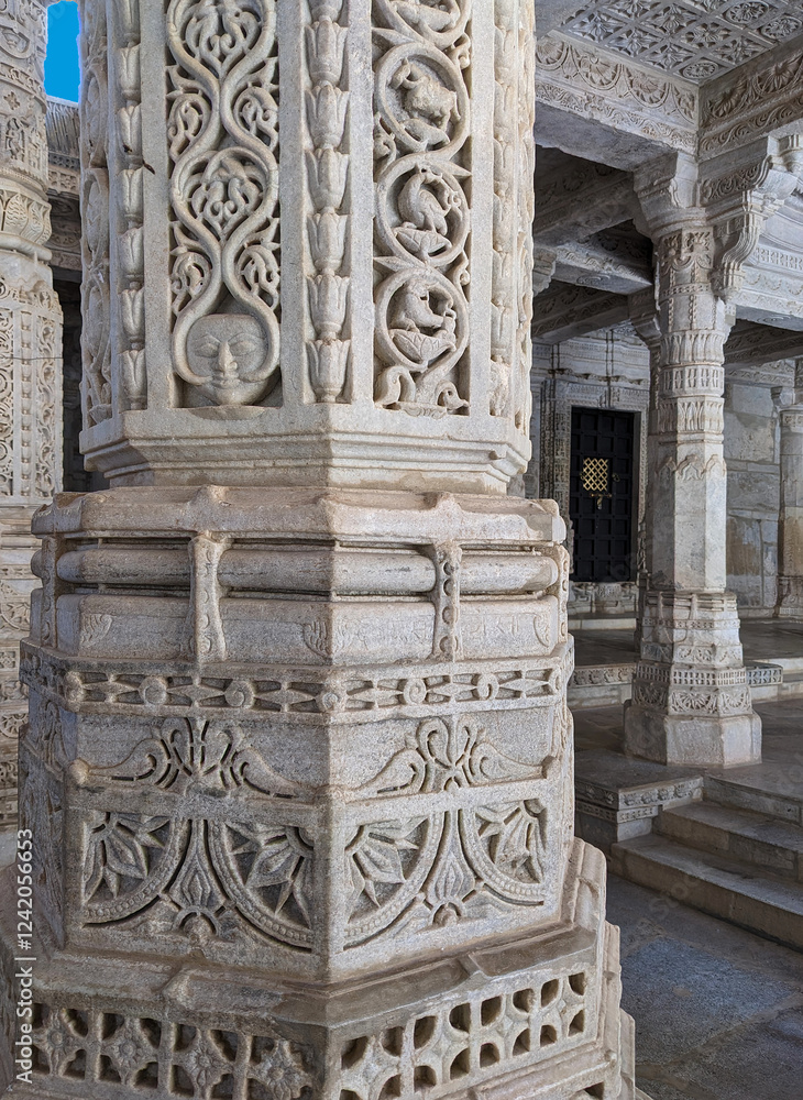A very close look at the artwork on a marble pillar, Udaipur, India