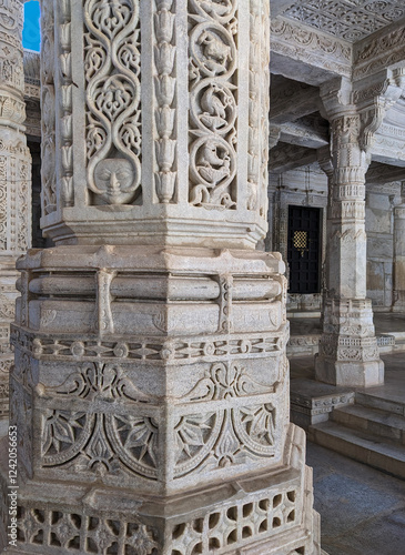 A very close look at the artwork on a marble pillar, Udaipur, India