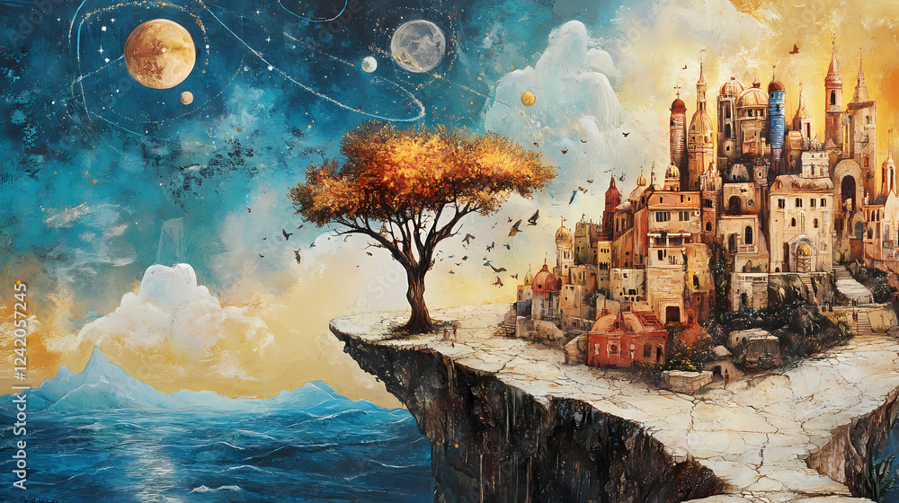 Obraz premium Unique worldview represented through mixed media techniques. Perspective Depth Techniques. Illustration
