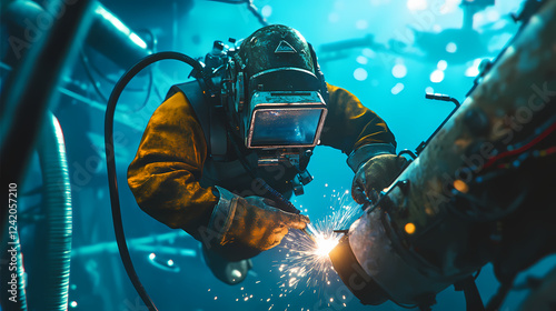 Underwater welding action ocean depths industrial maintenance marine environment diver's perspective innovative techniques. Perspective Depth Techniques. Illustration photo