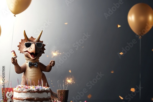 Fototapeta Naklejka Na Ścianę i Meble -  Triceratops dinosaur celebrates birthday with cake and sparklers