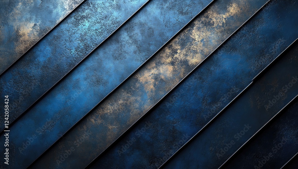 Abstract background with diagonal blue and gold textured stripes. Dark, metallic, grunge style.  The image features a layered effect with varying shades of blue and gold, creating a sense of depth