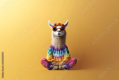 A Llama Meditates Wearing Tie Dye Clothing And Sunglasses photo