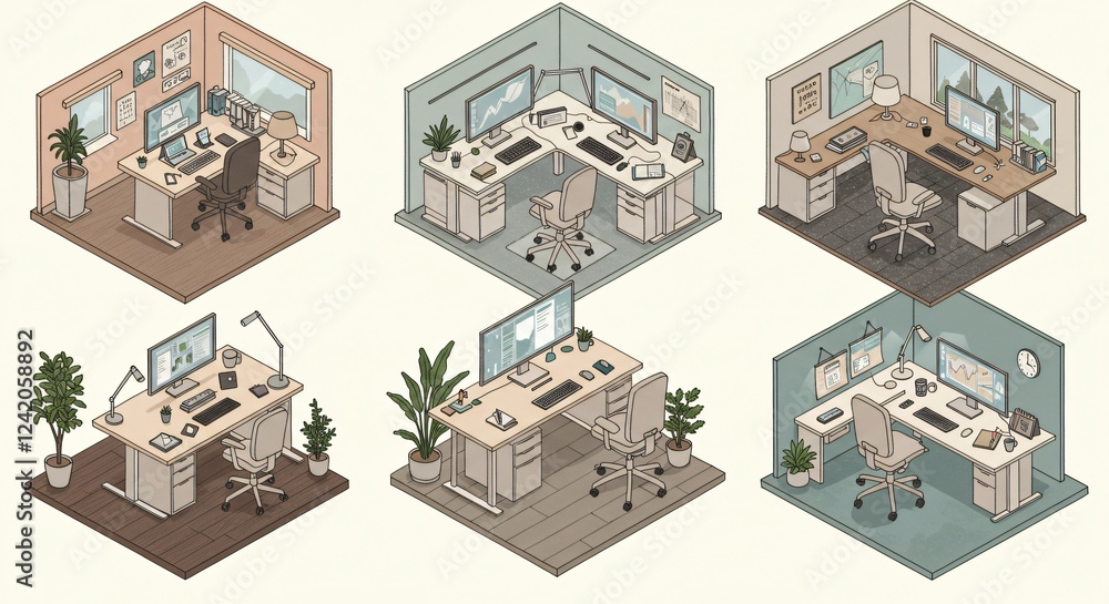 Obraz premium Isometric illustrations of workspace setups with modern furniture and devices