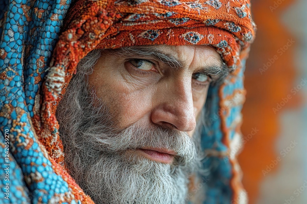 Portrait of a Mature Man with Frosty Beard and Intricate Headwear Portrait of a Mature Man with Frosty Beard and Intricate Headwear