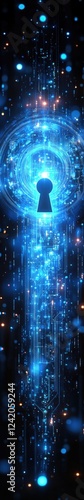 Abstract digital art depicting a keyhole surrounded by vibrant blue and white light trails against a dark background. The image evokes a sense of mystery and technological advancement