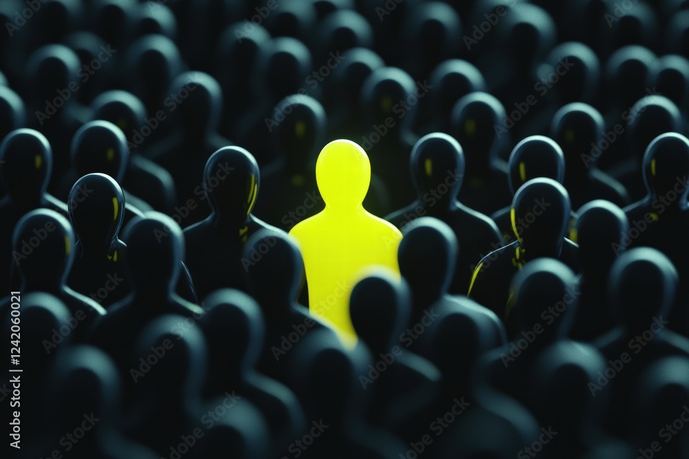 Obraz premium An evocative image depicting a sea of dark figures with a glowing one at the center, symbolizing isolation and choice.