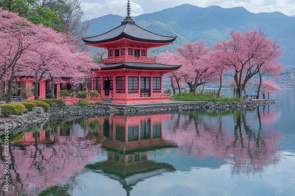 Fototapeta premium Pink Cherry Blossoms Frame Red Pagoda Lake Reflection
