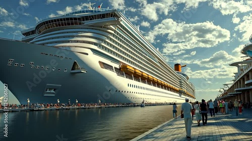 Majestic Cruise Ship Docked at Port, Passengers Embarking
