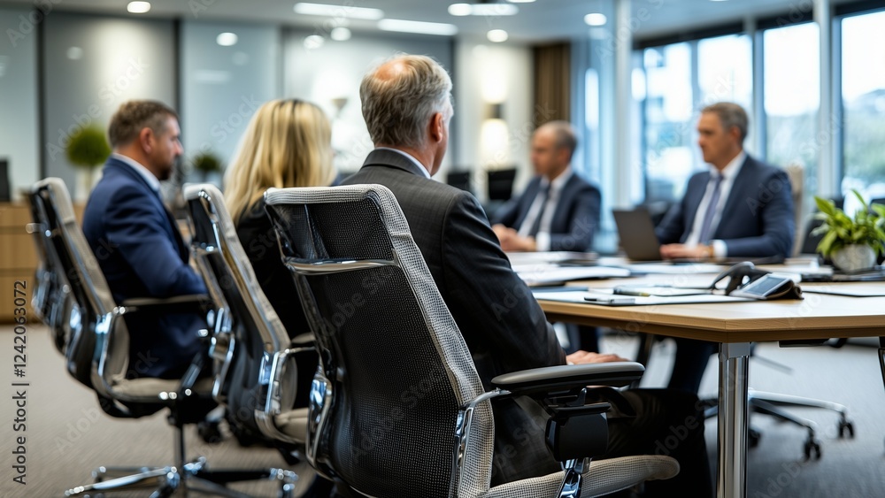 Senior Business Executives Sitting at a Boardroom Table, Attentively Listening During a Corporate Meeting in a Modern Office Environment Senior Business Executives Sitting at a Boardroom Table, Attentively Listening During a Corporate Meeting in a Modern Office Environment