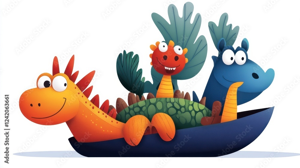 Naklejka premium Colorful Cartoon Dragons in a Playful Boat Adventure