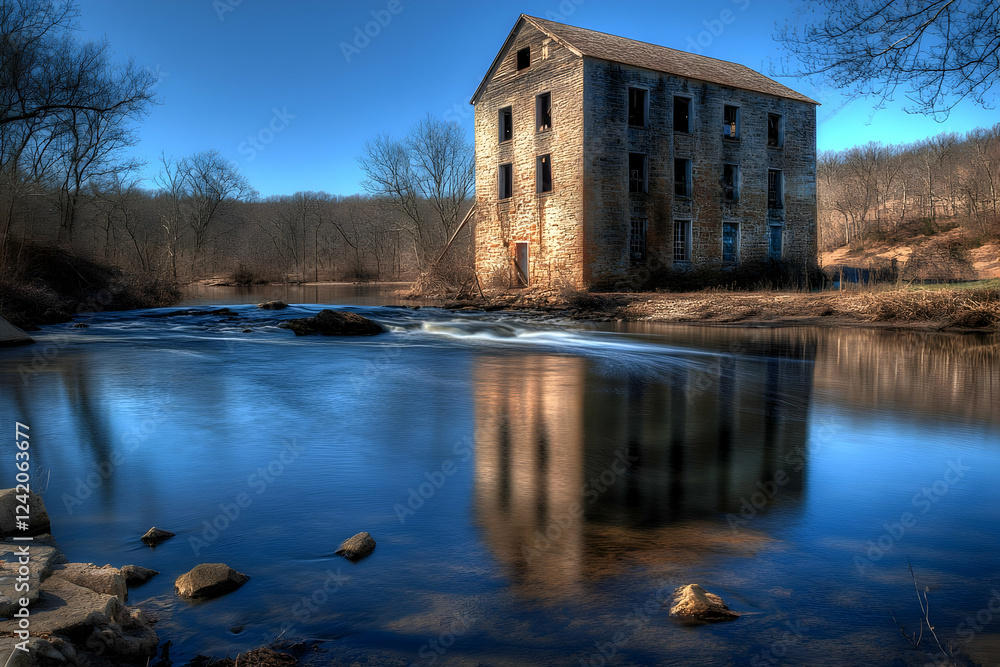 Derelict mill reflects, river, winter, woods Derelict mill reflects, river, winter, woods