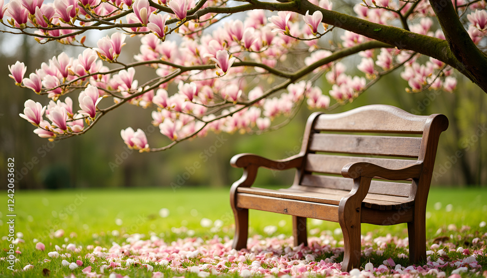 Wooden bench under flowering magnolia tree in green park, Magnolia Blossoms, New Blooms Wooden bench under flowering magnolia tree in green park, Magnolia Blossoms, New Blooms