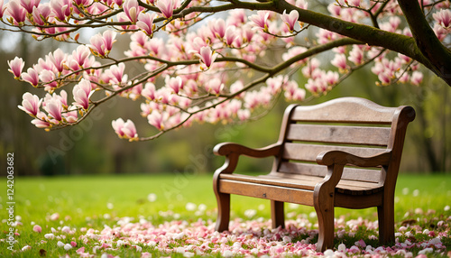 Wooden bench under flowering magnolia tree in green park, Magnolia Blossoms, New Blooms