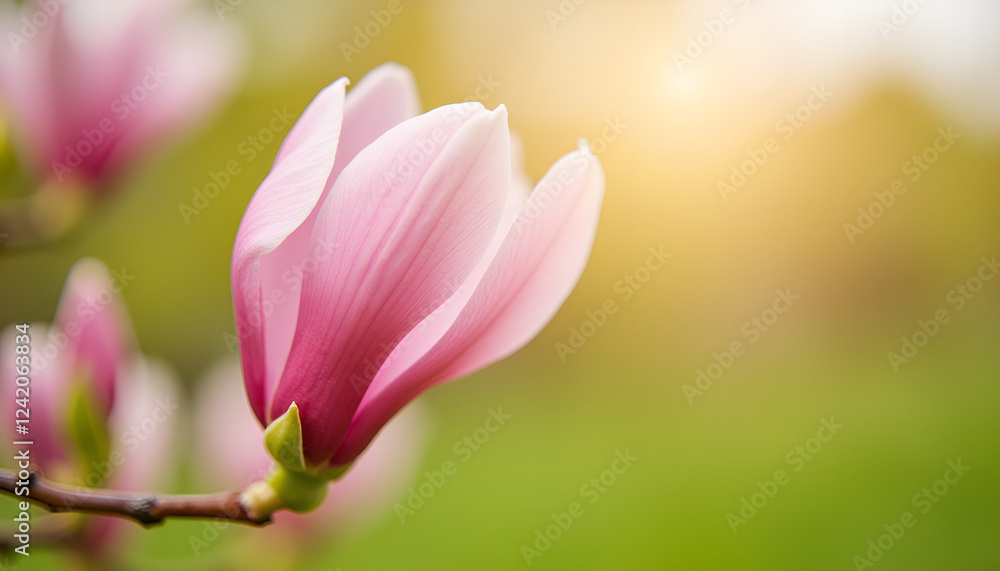 Pink magnolia flower blooming in soft sunlight, Magnolia Blossoms, New Blooms Pink magnolia flower blooming in soft sunlight, Magnolia Blossoms, New Blooms