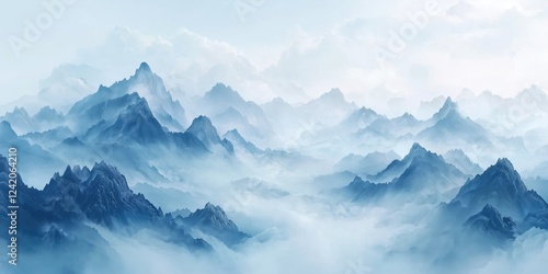 Wallpaper Mural Misty Blue Mountain Landscape with Layers of Fog and Soft Atmospheric Depth Torontodigital.ca