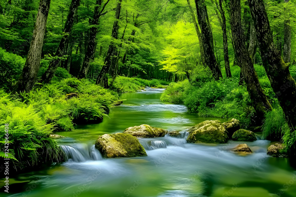 Serene forest stream flows through lush greenery Serene forest stream flows through lush greenery