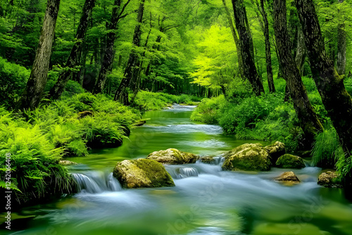 Serene forest stream flows through lush greenery