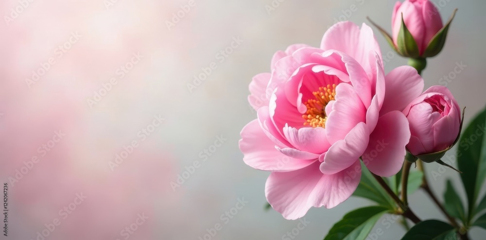 Delicate pink peony and rose cluster, blank area , nature, copy space Delicate pink peony and rose cluster, blank area , nature, copy space