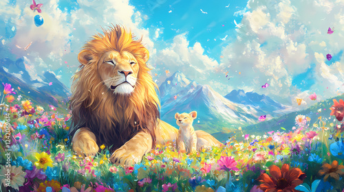 Whimsical encounter lion and friends sharing stories in a colorful meadow fantasy art playful animal kingdom. Animal Kingdom Inspirations. Illustration photo