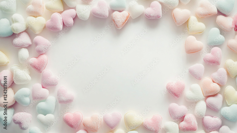 Fototapeta premium Soft pastel pink heart decorations suspended against a dreamy blurred background, creating a delicate and romantic visual composition