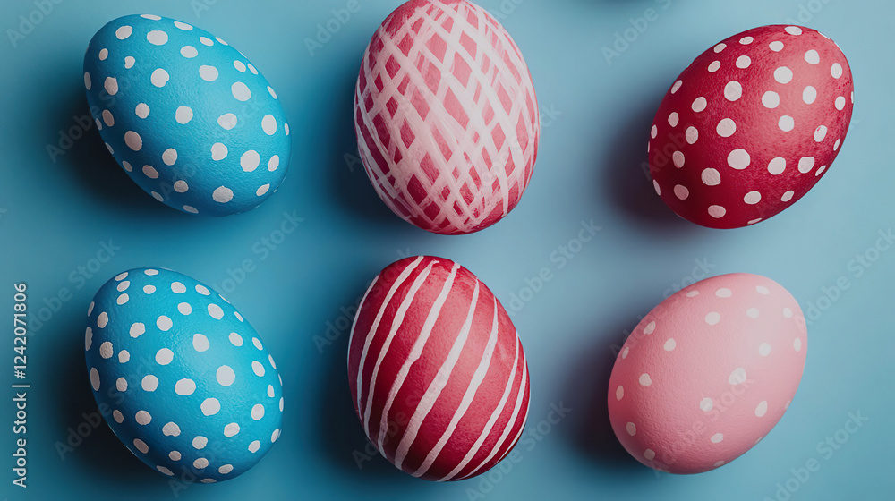 Easter eggs in blue and red tones with white polka dots and stripes on pastel blue background. Generated with AI. Easter eggs in blue and red tones with white polka dots and stripes on pastel blue background. Generated with AI.