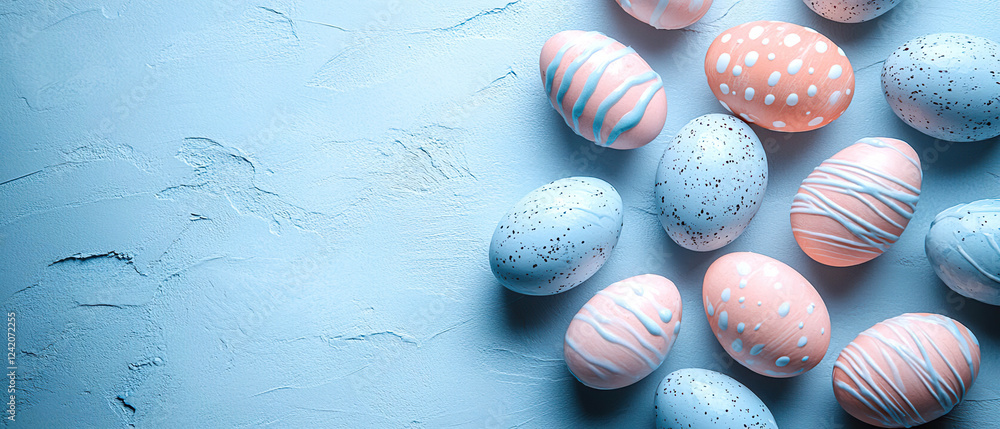 Pastel-colored Easter eggs with white patterns on a textured blue background. Generated with AI. Pastel-colored Easter eggs with white patterns on a textured blue background. Generated with AI.